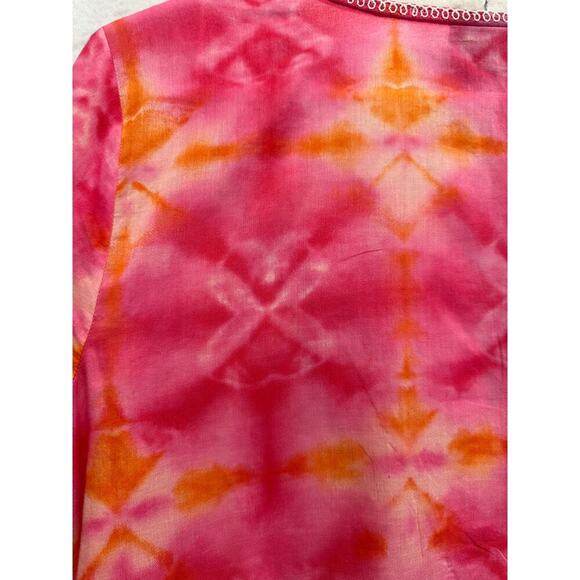 J Jill Women Top Tie Dye Pink Embroidered V Neck Boho Fairy Size MP Long Line - Picture 10 of 11